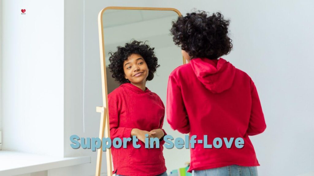 Illustration of various aspects of support in self-love, including self-care, self-reliance, healthy relationships, and personal growth